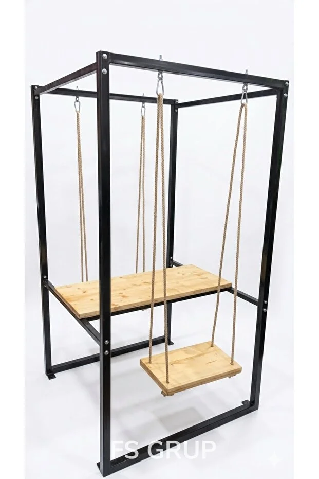 2 Kişilik Salıncaklı Masa Bahçe Balkon Kafe İçin Metal Standlı Ahşap Set